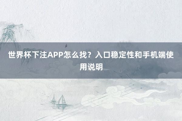 世界杯下注APP怎么找？入口稳定性和手机端使用说明